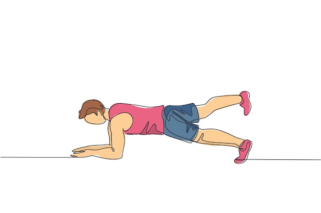 Un dibujo de una sola línea de un hombre enérgico trabajando haciendo tabla de codo en la ilustración de vector de gimnasio