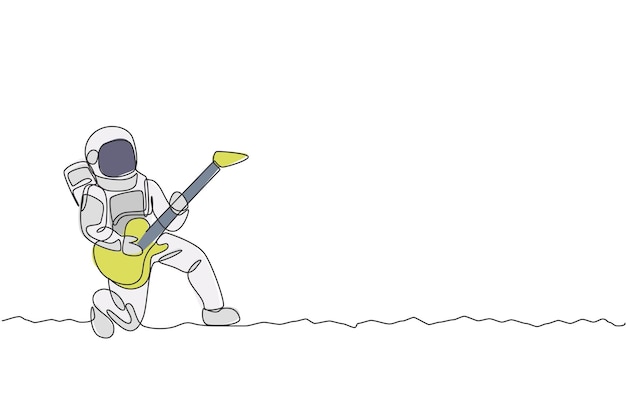 Un dibujo de una sola línea de un hombre del espacio tocando un instrumento musical de guitarra acústica en el vector del espacio profundo