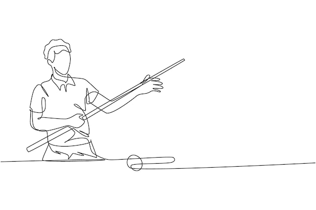 Un dibujo de una sola línea de un hombre joven jugando al billar en una ilustración vectorial de una sala de billar
