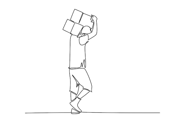 Dibujo de una sola línea de un hombre levantando un artículo en su hombro Envío a través del océano Entrega y embalaje Diseño de dibujo de línea continua Ilustración gráfica vectorial