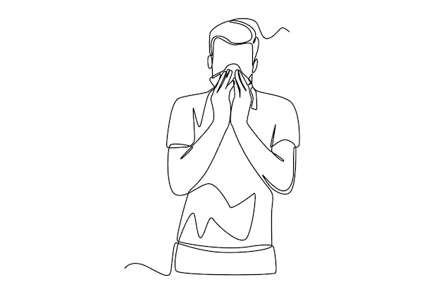 Dibujo de una sola línea Un hombre malsano que se sopla la nariz sufre de gripe o resfriado Concepto de concepto de fiebre y gripe Ilustración de vector gráfico de diseño de dibujo de línea continua