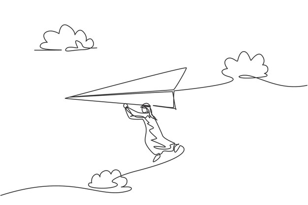 Dibujo de una sola línea de un hombre de negocios árabe colgado en lo alto de un vector de desafío de misión de avión de papel