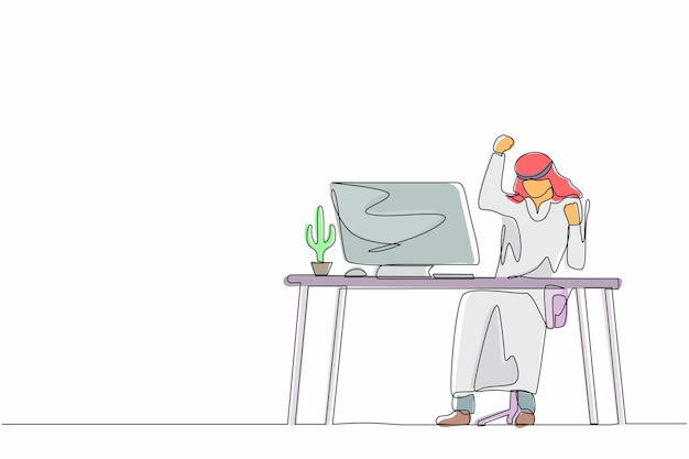 Dibujo de una sola línea de un hombre de negocios árabe feliz sentado en su lugar de trabajo con una ilustración de la mano