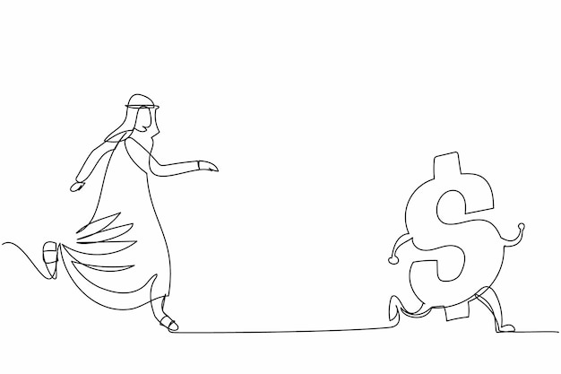 Un dibujo de una sola línea de un hombre de negocios árabe persiguiendo el símbolo del dólar La búsqueda del éxito Diseño de riqueza