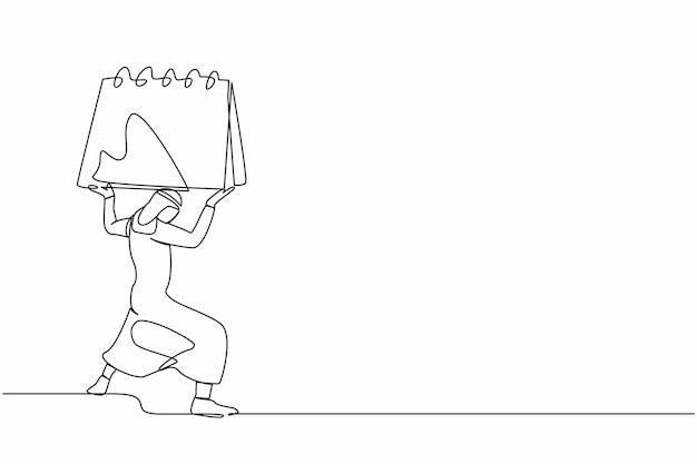 Dibujo de una sola línea de un hombre de negocios árabe que lleva un calendario pesado en la espalda síndrome de agotamiento