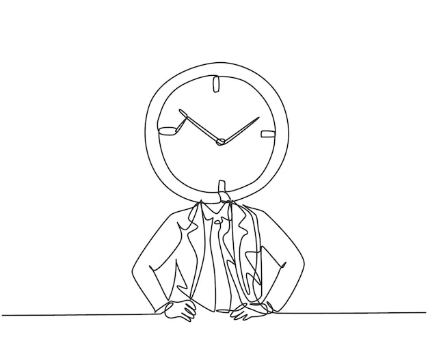 Dibujo de una sola línea de un hombre de negocios con cabeza de reloj analógico en el vector de disciplina de tiempo de oficina