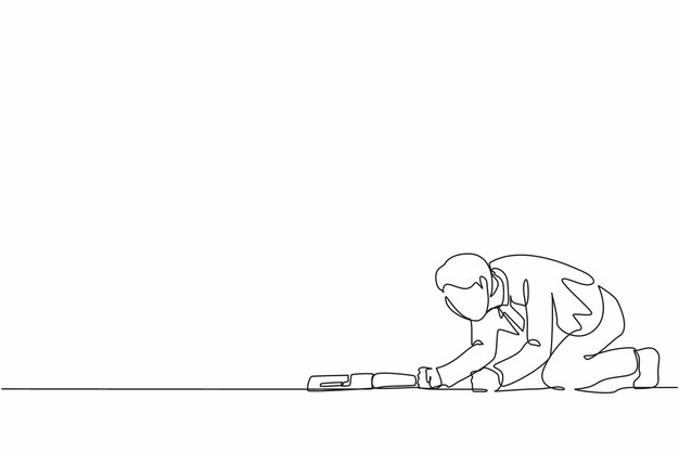Un dibujo de una sola línea de un hombre de negocios deprimido con un maletín arrastrándose en la desesperación mental frustrado