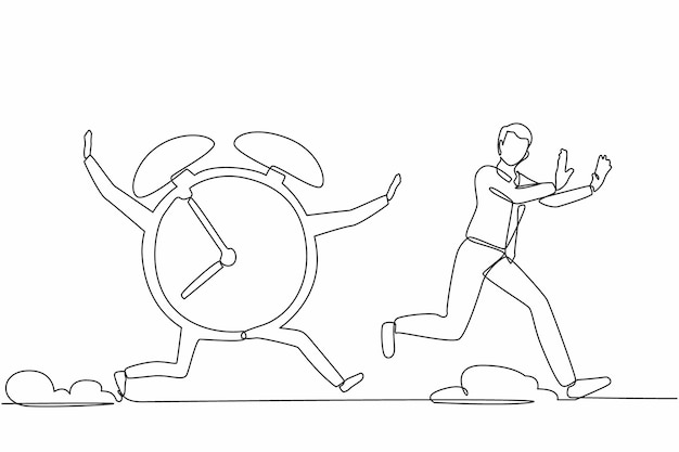 Dibujo de una sola línea de un hombre de negocios estresado siendo perseguido por un reloj agotándose el vector de diseño de tiempo