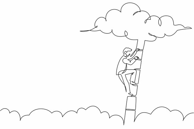 Dibujo de una sola línea de un hombre de negocios flotando y sosteniendo un globo volador a través del vector de diseño de nubes