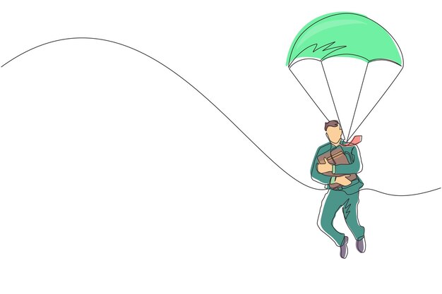 Dibujo de una sola línea de un hombre de negocios con un maletín y saltando con paracaídas.
