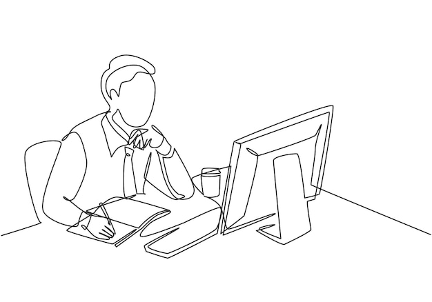 Un dibujo de una sola línea de un hombre de negocios pensativo sentado y mirando la pantalla de la computadora para analizar datos
