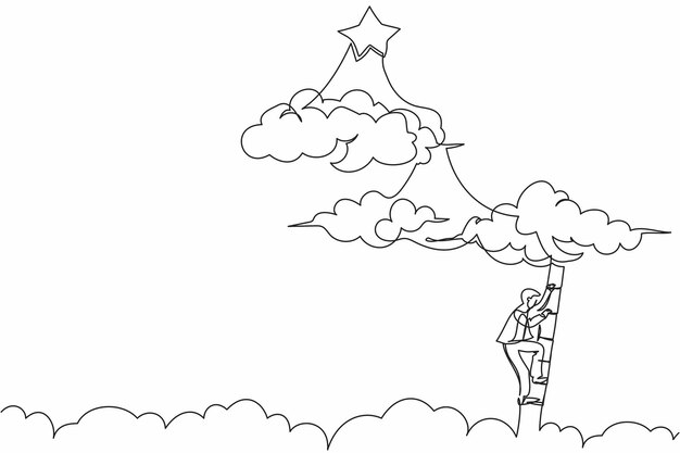 Un dibujo de una sola línea un hombre de negocios subiendo una escalera para alcanzar las estrellas un empleado subiendo a la carrera
