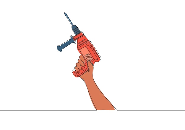 Dibujo de una sola línea del hombre que sostiene el concepto de herramientas de equipo de manitas