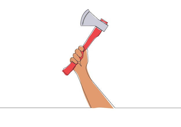 Dibujo de una sola línea del hombre que sostiene el hacha de mano Concepto de herramientas de carpintero Vector de dibujo de línea continua
