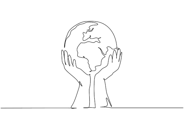 Dibujo de una sola línea del hombre que sostiene la tierra global Salvar la naturaleza icono logo silueta concepto vector