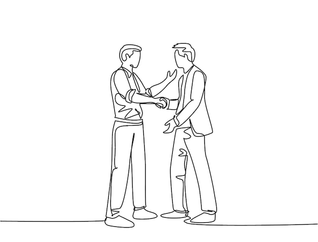 Dibujo de una sola línea de hombres de negocios estrechando la mano de su socio de negocios después de su proyecto de trabajo en equipo de objetivos