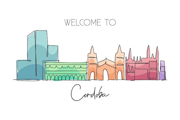 Un dibujo de una sola línea del horizonte de la ciudad de Córdoba España Paisaje histórico de rascacielos en el mundo