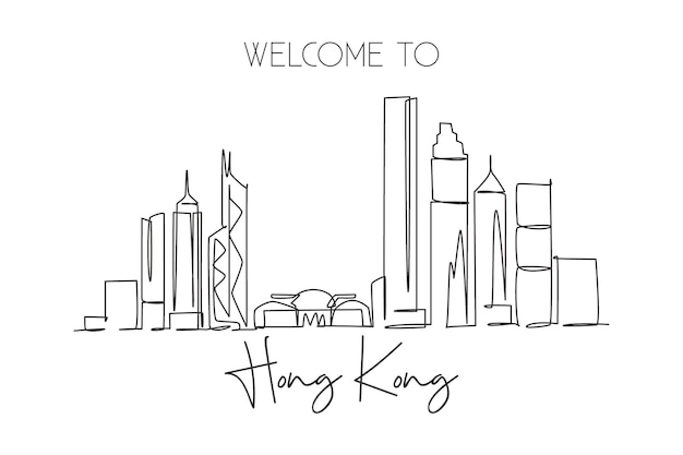 Un dibujo de una sola línea del horizonte de la ciudad de Hong Kong China Vector de diseño del paisaje de la ciudad histórica