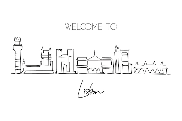 Un dibujo de una sola línea del horizonte de la ciudad de lisboa, portugal ciudad histórica en el vector de diseño mundial