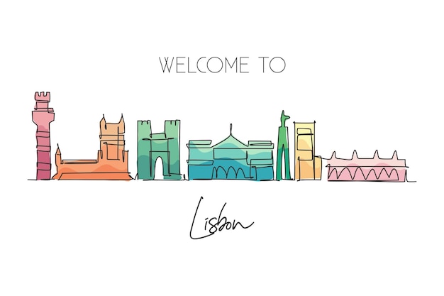 Vector un dibujo de una sola línea del horizonte de la ciudad de lisboa portugal ciudad histórica en el vector de diseño mundial