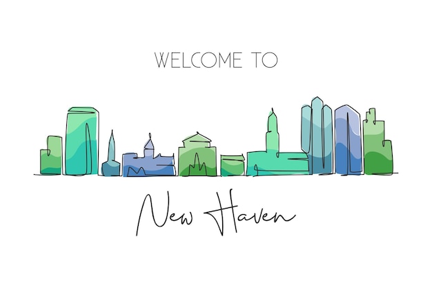 Vector dibujo de una sola línea del horizonte de la ciudad de new haven connecticut vector del paisaje de la ciudad histórica mundial