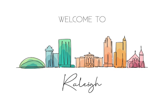 Un dibujo de una sola línea del horizonte de la ciudad de Raleigh Estados Unidos Paisaje histórico de la ciudad Mejor destino de vacaciones decoración de pared arte cartel impresión Moda línea continua dibujo diseño vector ilustración