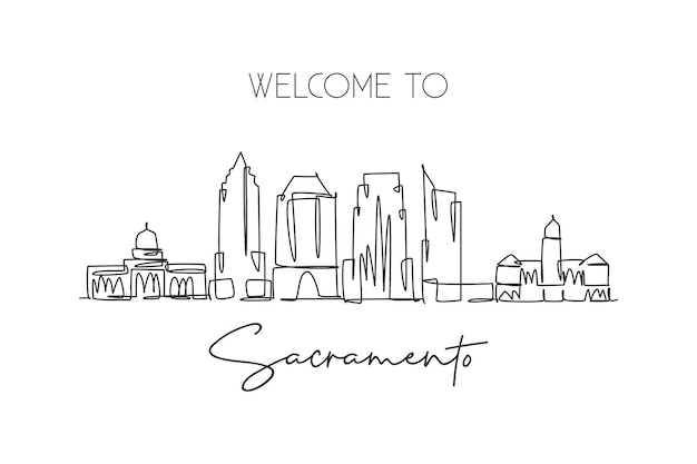 Un dibujo de una sola línea del horizonte de Sacramento Paisaje de California en el vector de diseño mundial