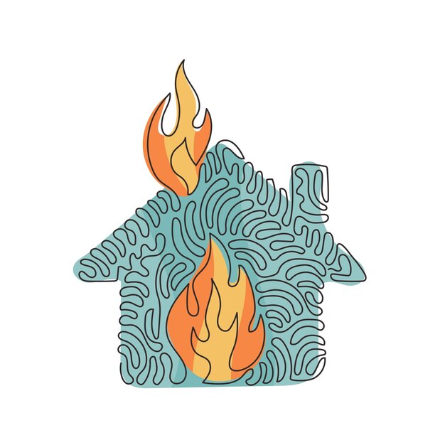 Dibujo de una sola línea icono de línea de fuego Edificio de viviendas en llamas Seguro de seguridad financiera