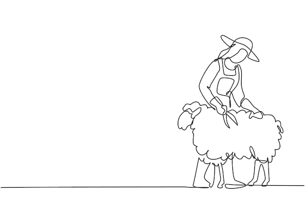 Un dibujo de una sola línea de una joven agricultora cortaba cuidadosamente el vellón con unas tijeras