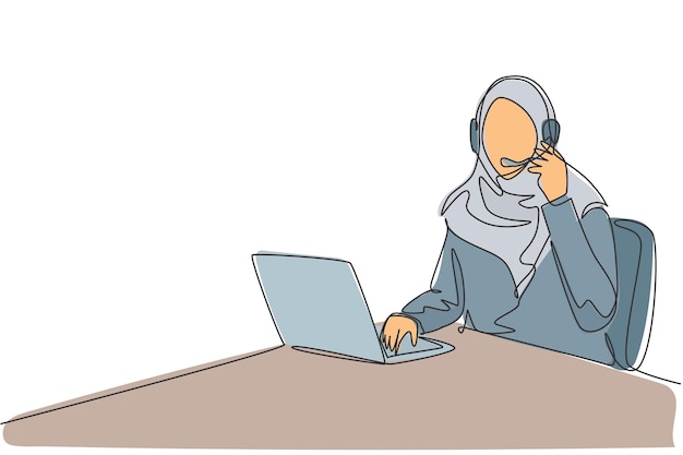 Un dibujo de una sola línea de una joven y amigable mujer árabe con hijab responde a una llamada de queja de un cliente