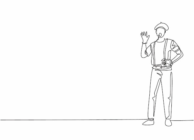 Dibujo de una sola línea de un joven artista de pantomima posando de pie mientras realiza un trabajo profesional
