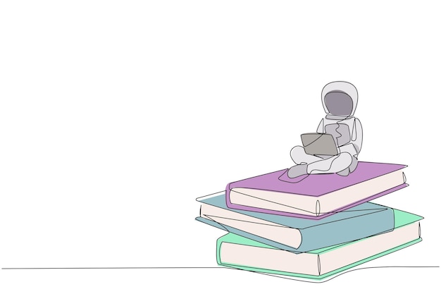 Un dibujo de una sola línea de un joven astronauta enérgico sentado en una pila de libros gigantes escribiendo en una computadora portátil