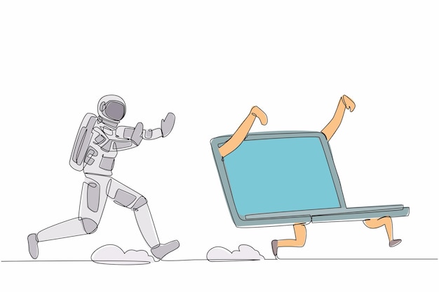 Dibujo de una sola línea de un joven astronauta persiguiendo una computadora portátil en una ilustración vectorial de la superficie lunar