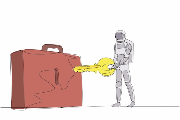 Un dibujo de una sola línea de un joven astronauta poniendo la llave en el maletín Concepto espacial de la galaxia cósmica