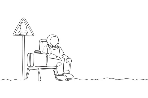 Un dibujo de una sola línea de un joven astronauta sentado en la silla de parada de cohetes junto al vector del tablero de señales de cohetos