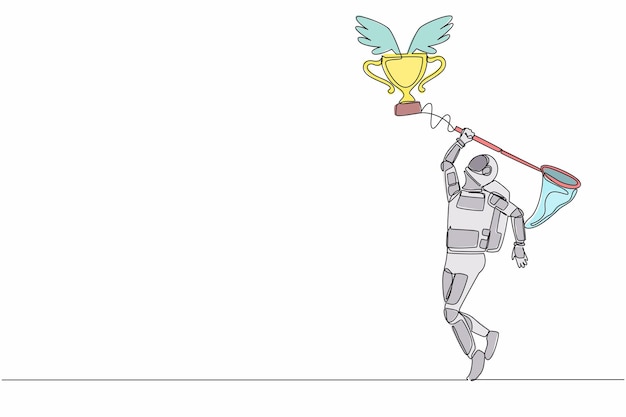 Un dibujo de una sola línea de un joven astronauta tratando de atrapar un trofeo volador con una red de mariposas