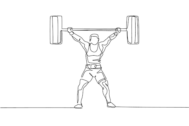 Un dibujo de una sola línea de un joven atleta hombre musculoso levantando barras trabajando en un vector de gimnasio
