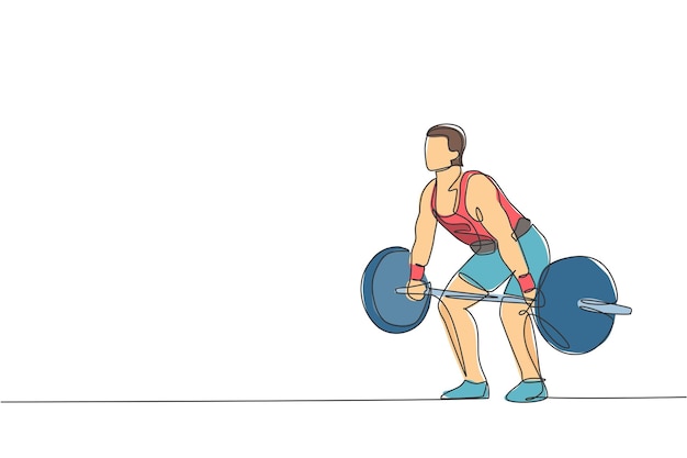 Un dibujo de una sola línea de un joven atleta hombre musculoso levantando barras trabajando en un vector de gimnasio