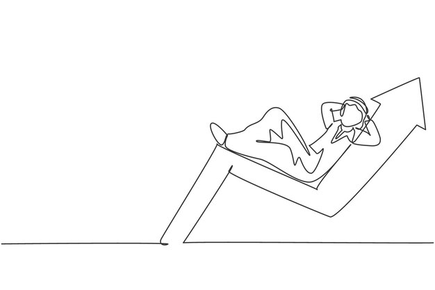 Vector dibujo de una sola línea de un joven y atractivo inversionista árabe durmiendo relajado en el símbolo de la flecha hacia arriba