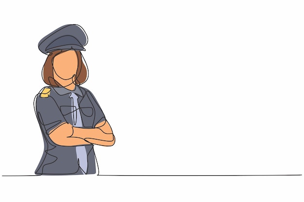 Dibujo de una sola línea, joven y bella piloto femenina con uniforme cruzado en el pecho, trabajo profesional