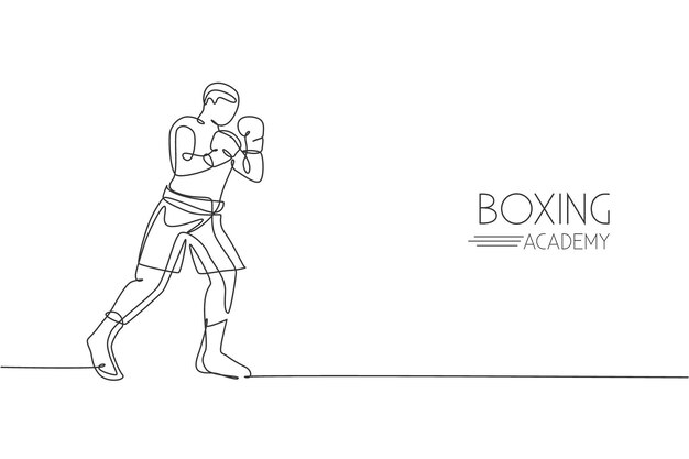 Un dibujo de una sola línea de un joven boxeador enérgico listo para atacar al oponente vector diseño deportivo
