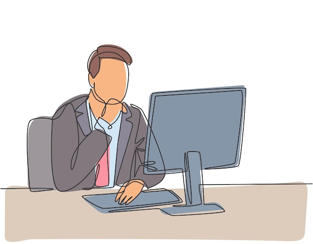 Un dibujo de una sola línea de un joven CEO de startups pensando en el crecimiento de la empresa mientras observa el informe anual