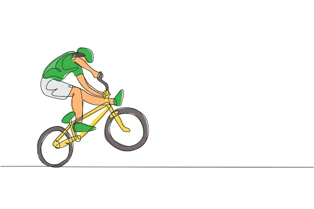Un dibujo de una sola línea de un joven ciclista de BMX realizando un truco de estilo libre en un deporte extremo callejero
