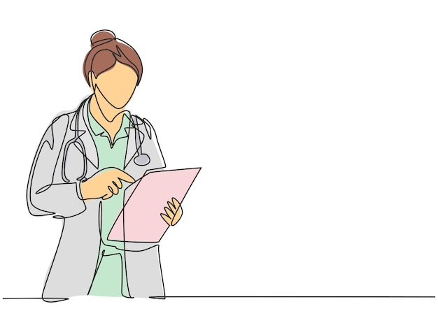 Un dibujo de una sola línea de una joven doctora leyendo el historial médico del paciente en el vector del portapapeles