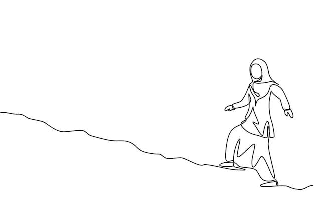 Dibujo de una sola línea de una joven empresaria árabe caminando por el vector del desafío de la calle cuesta arriba