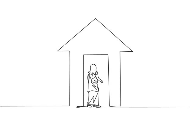 Un dibujo de una sola línea de una joven empresaria árabe ingresa a la metáfora del crecimiento del edificio de la flecha hacia arriba