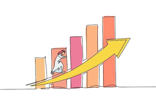 Dibujo de una sola línea de un joven empresario árabe corriendo subir el gráfico de flecha hacia arriba vector de estrategia