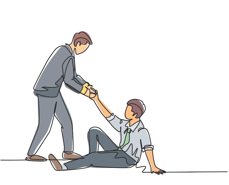 Vector un dibujo de una sola línea de un joven empresario ayudando a su socio en quiebra que yacía en el suelo