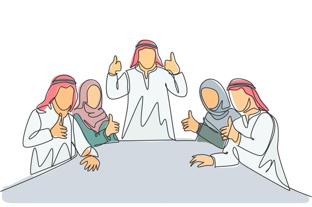 Un dibujo de una sola línea de un joven empresario musulmán feliz y su equipo de diversidad levantan el pulgar