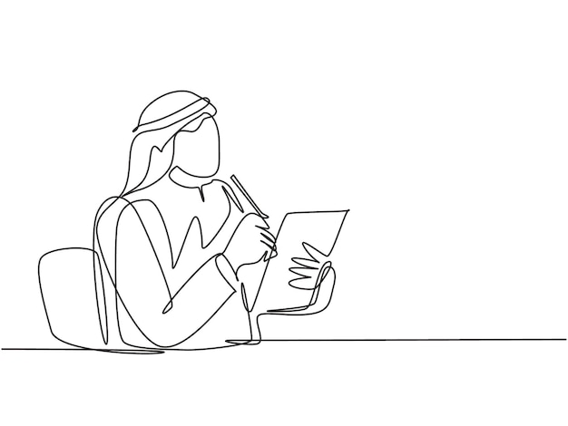 Un dibujo de una sola línea de un joven empresario musulmán serio pensando en el progreso de la empresa
